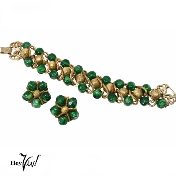 Vintage Bracelet Green Gold Beads w Clip On Earrings Ornate Design - Hey Viv - Picture 1 of 7